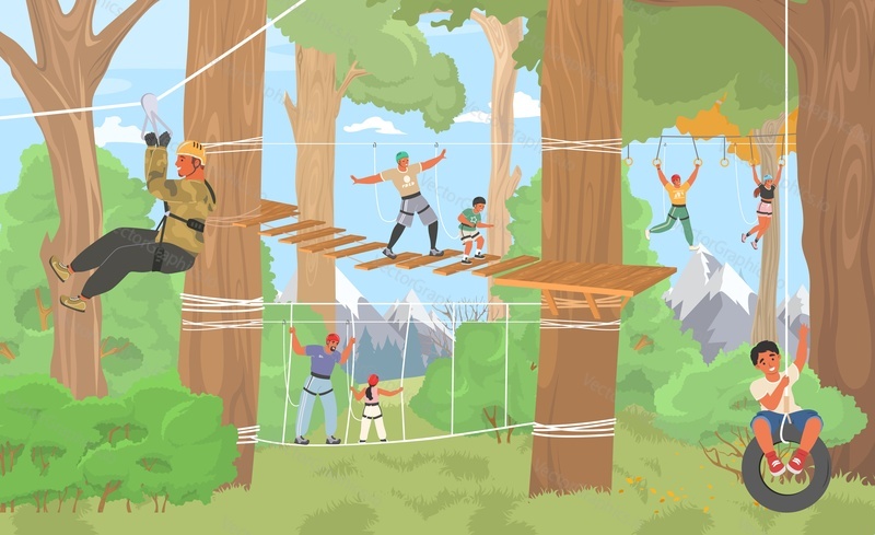 Плоская векторная иллюстрация парка веревочных приключений. Счастливые взрослые люди и дети, лазающие по деревьям, преодолевающие препятствия, наслаждаются экстремальным отдыхом на свежем воздухе