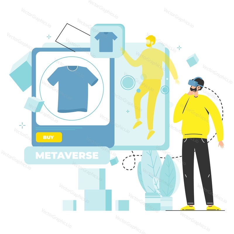 Metaverse vector. Man wearing vr headset buy NFT digital assets for character in virtual world illustration. Blockchain and non fungible token