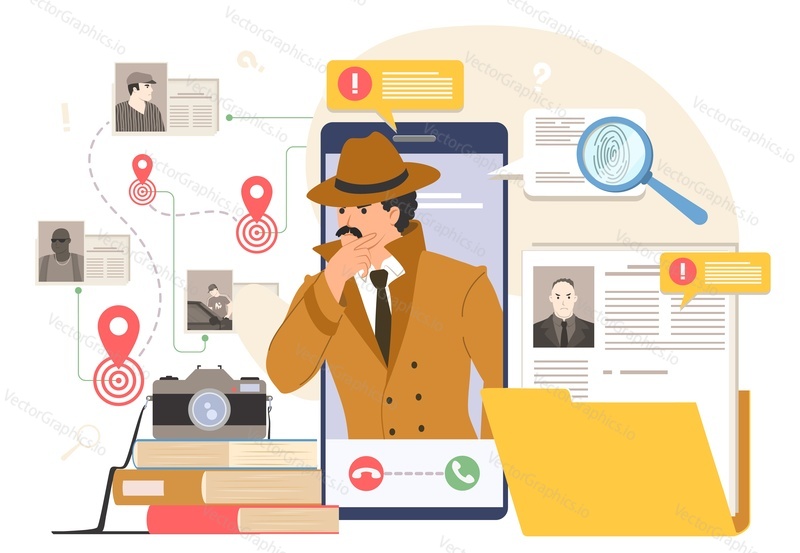 Professional detective online service or mobile app flat vector illustration. Agent investigating evidence information looking for clues. Inspector on smartphone screen searching murder