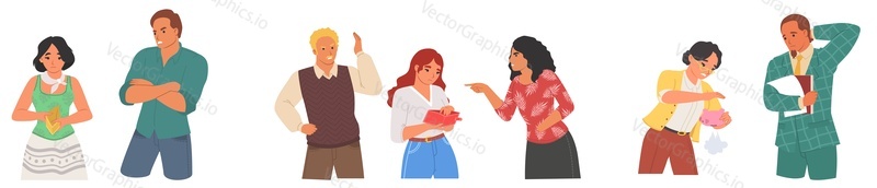 Man and woman no money vector set. People holding empty wallet. Aggressive parent and stressed poor daughter, unemployed employee without savings, sad wife showing purse to husband illustration