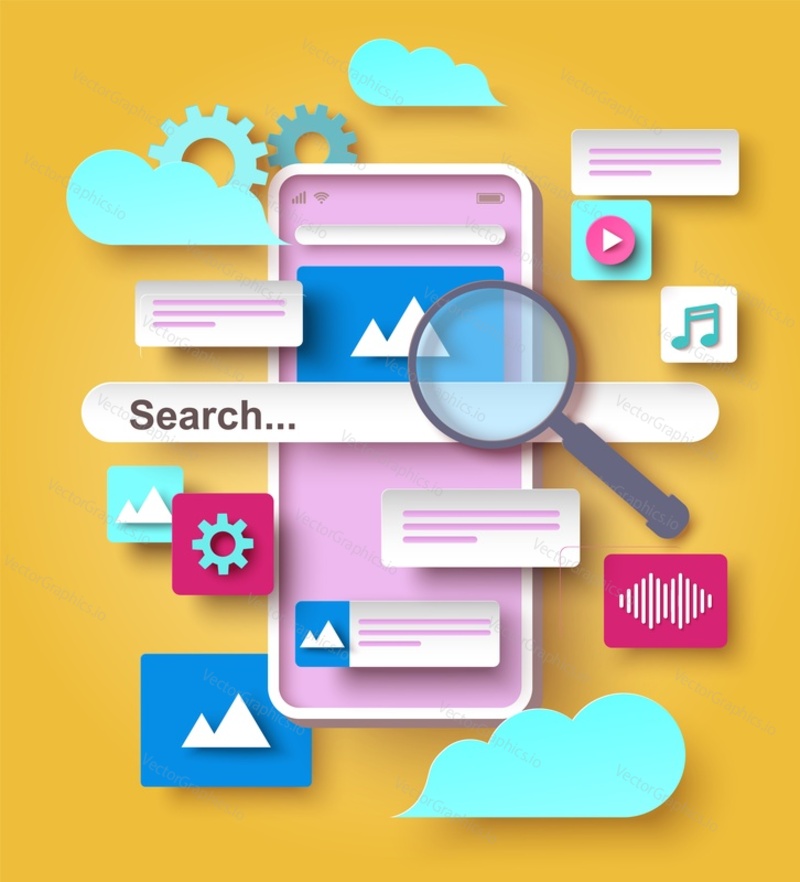 Phone search engine vector. Mobile web browser design. Internet website on smartphone. Information review, research and analysis online