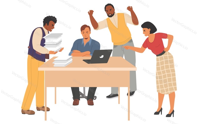 Work conflict in office vector. Coworker team shouting on overworked employee illustration. Toxic environment at workplace. Aggressive corporate management