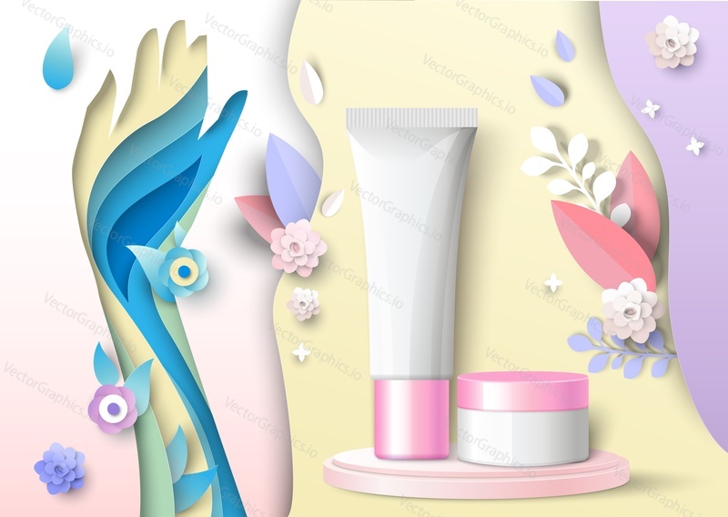 Hand cream cosmetic beauty product vector advertising. Lotion tube and container box for skincare. Flower fragrance and organic herbal ingredient. Design for catalog brochure, poster, banner template