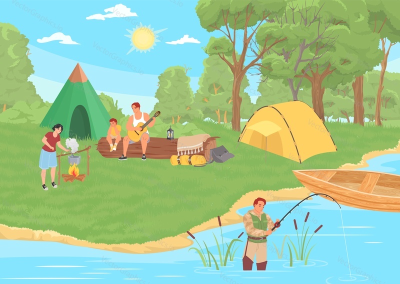 Camping vector illustration. Happy touristic family rest on nature. Woman cooking food on bonfire, man fishing in river, parent and kid playing guitar and singing at campfire illustration