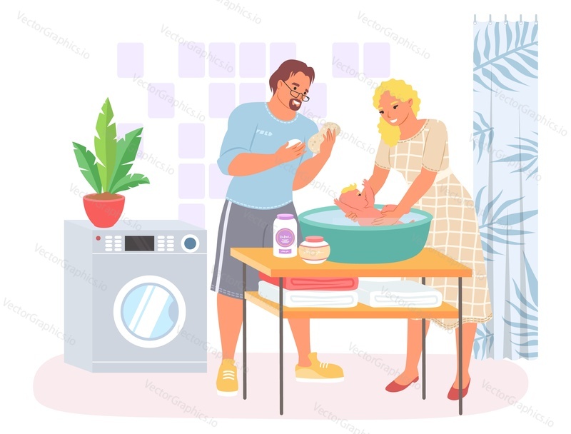 Parent bathing newborn baby flat vector illustration. Mom and dad caring toddler child. Cartoon family character at home bathroom. Happy parenting and childcare