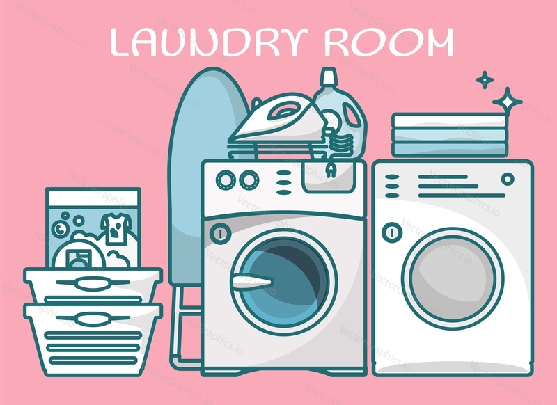 Laundry room equipment flat vector poster. Washing machine, linen basket and detergent, ironing board illustration. Laundromat service