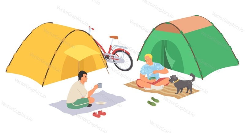 Male friends rest enjoying vacation camping vector illustration isolated on white background. People sitting near tent eating and talking together
