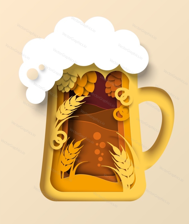 Vector beer pint glass mug with foam. Bar draft drink design isolated illustration. Cup of ale with froth, wheat ears and hops. Brewery and Oktoberfest festival design element