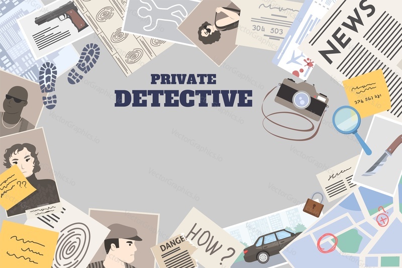 Private detective service vector. Photo camera, notes sticker, newspaper article, clues analytics information illustration. Poster template with empty copy space.