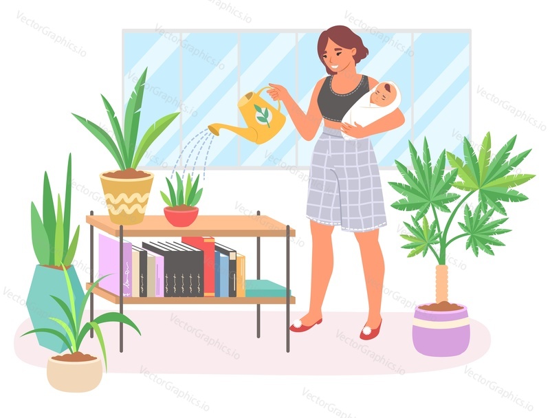 Mother with newborn baby flat vector. Mum holding new born kid and watering home flower illustration. Maternity, motherhood and happy family daily routine