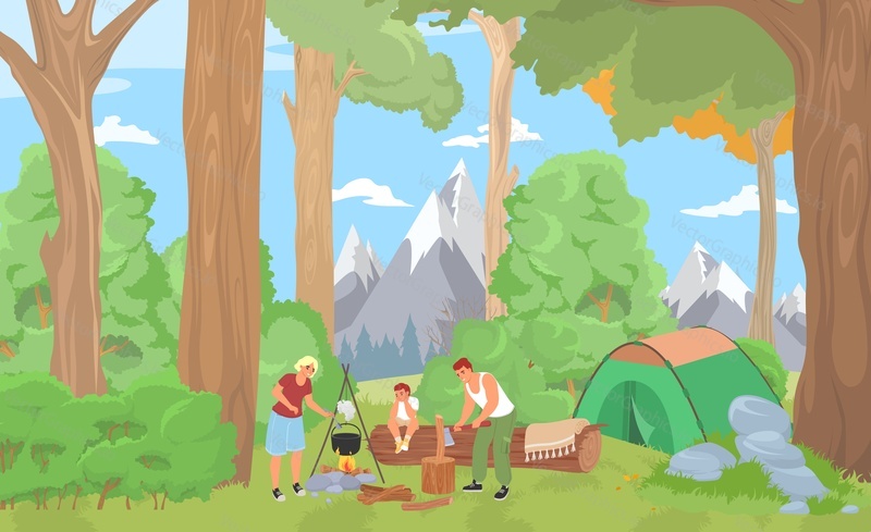 Family camp in forest vector illustration. Cartoon people rest in mountain during summer vacation trip. Outdoor picnic scene. Parent and child recreation at campfire. Hiking travel landscape