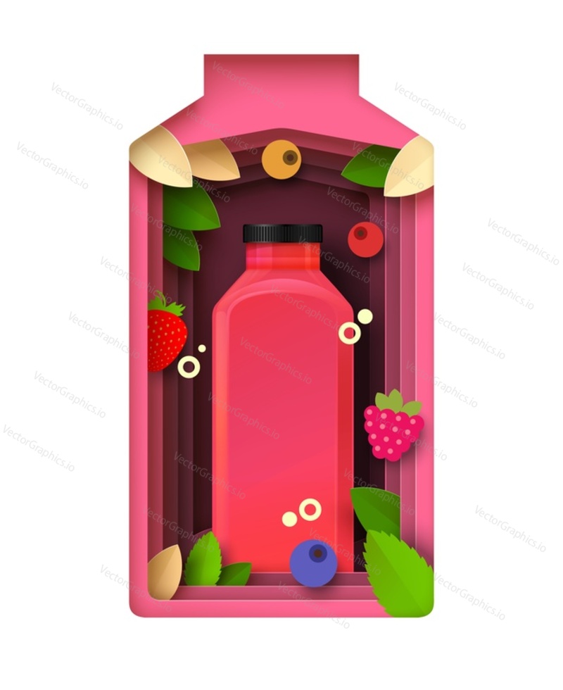 Berry fruit juice 3d vector. Fresh mix juicy drink package. Forestfruit organic beverage. Paper cut craft origami design. Advertising template
