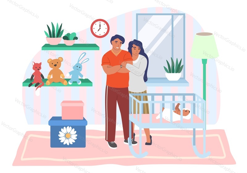 Happy young parents looking at baby vector. Mother with dad and newborn in bed. Home interior. Parenthood and family concept