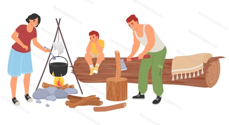Camping vector. Happy family time together. Father making campfire, mother cooking soup, little son sitting on log illustration isolated on white background. Outdoors traveling activity