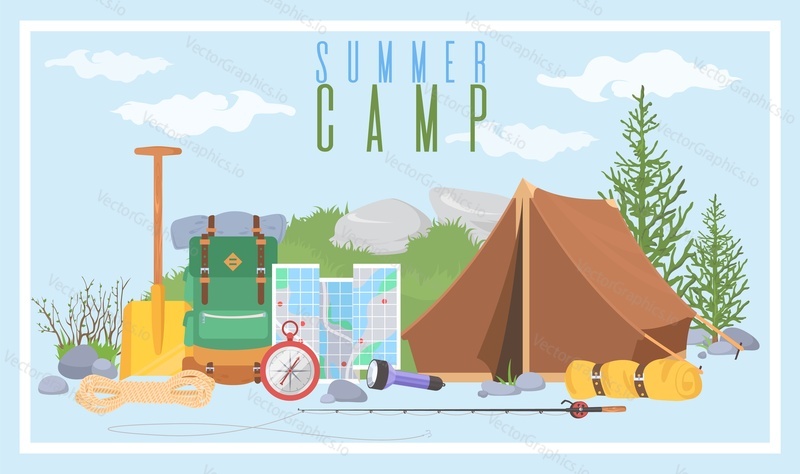 Summer camp vector illustration. Camping and travelling on holiday illustration with tent, backpack and other equipment. Poster or flyer template design with event details for advertising
