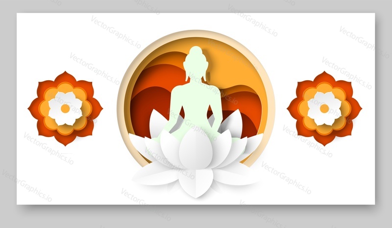 Religion background. Buddha silhouette and lotus flower decoration. Holy Vesak day greeting card or poster template illustration in paper cut art craft style. Religious pattern, Hinduism