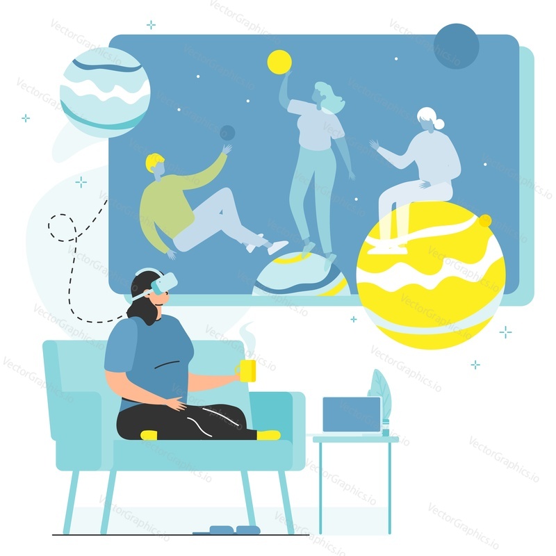 Metaverse vector. Future technology illustration. Woman using vr headset for game or business. Futuristic innovation, virtual space for working and communication