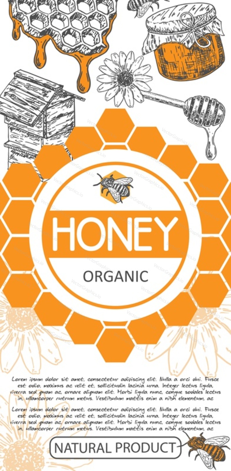 Вектор органического меда. Иллюстрация дизайна этикетки банки с пчелиным кормом. Винтажный графический логотип продукта Beehive. Натуральный цветочный сироп от медоносной пчелы. Брендинг и реклама пчеловодства