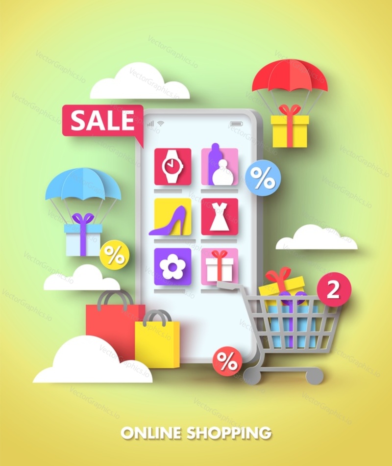 Online shopping with sale and discount vector. Digital shop store in smartphone. Mobile app retail service. Order, purchase and delivery goods on internet