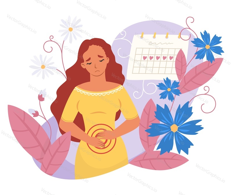 Woman having period pain flat vector illustration. Cartoon female suffering from stomachache and premenstrual syndrome. PMS, menstruation calendar and feminine hygiene concept