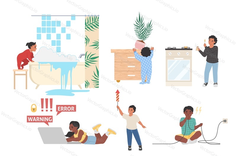 Children at different situations isolated vector set. Kids playing with water, houseplants, matches, electricity and using dangerous website