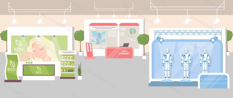 Different exhibit booths. Vector trade area interior, presentation showcase design. Travel, eco products and robotic technology exhibition illustration