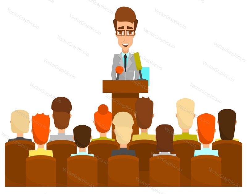 Speaker at podium standing front of audience vector illustration. Orator speaking from tribune. Businessman giving speech. Business training, coaching, investment project presentation