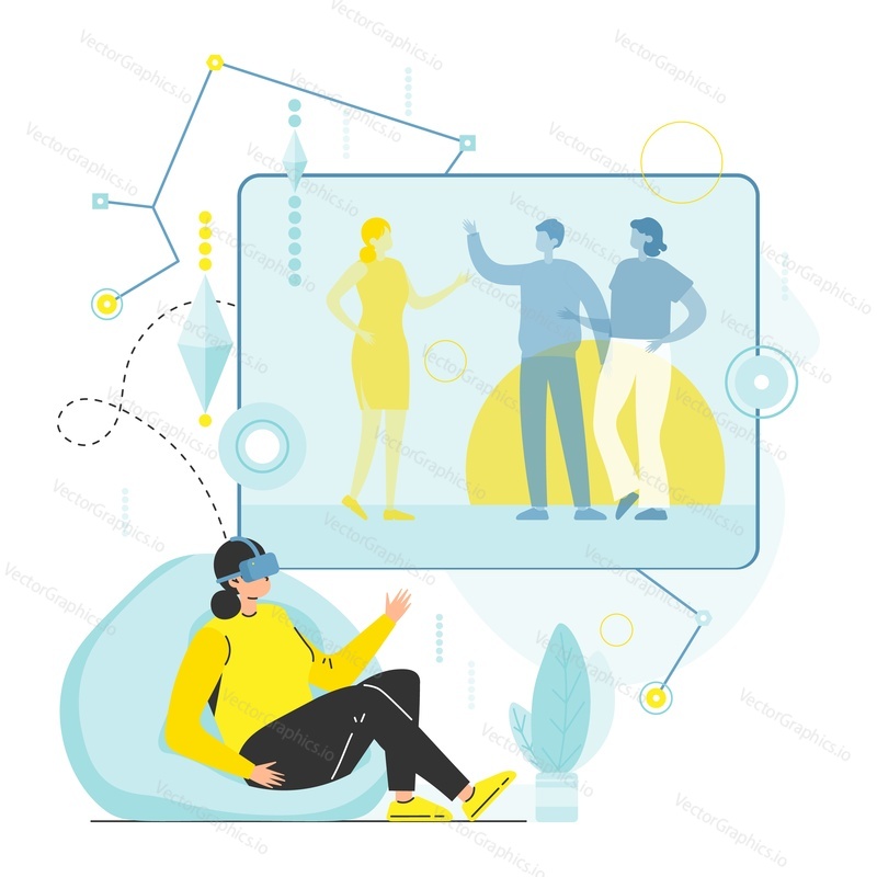 Metaverse vector. Future technology illustration Woman using vr headset for corporate business meeting in virtual office room. Digital workspace, remote work and teamwork concept