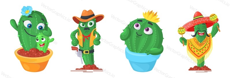 Cute cactus vector. Cartoon cacti set. Happy flower family, cowboy and Mexican senior, potted prickly queen illustration isolated on white background. Doodle tropical flowerpot and thorny plant emoji