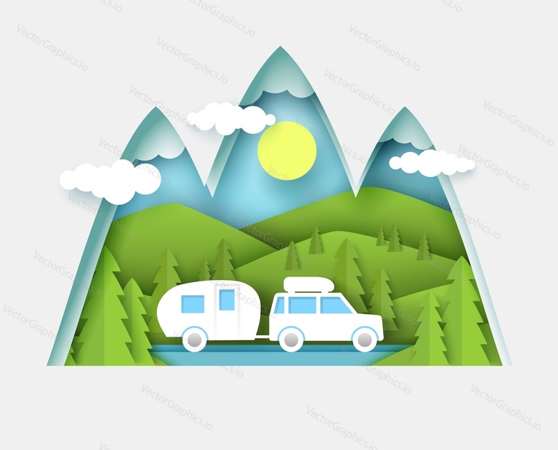 Car camping travel vector paper cut poster. Vacation adventure and holiday trip in mountain forest. Road picnic and outdoor family activity illustration