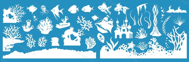 Aquarium fish, seaweed and coral plant isolated set. Vector aquatic decoration element for underwater marine design and fishbowl tank. Algae, starfish, jellyfish, ship and water bubble silhouette