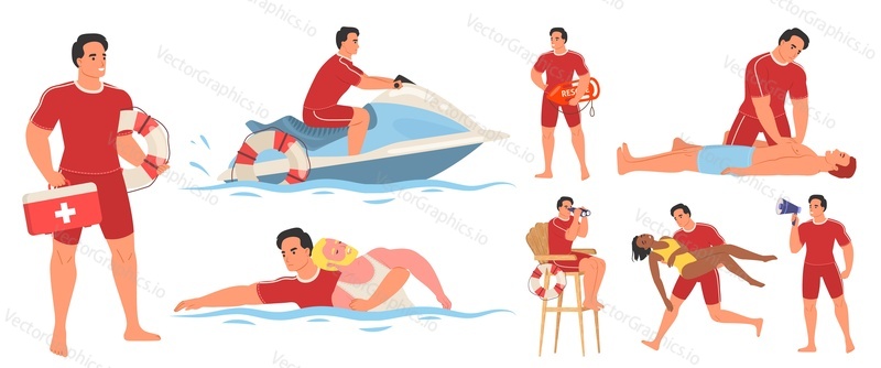 Плоская векторная иллюстрация персонажа пляжного спасателя. Служба спасения на воде. Мужчина-спасатель на работе, плавающий на лодке, спасающий жизнь женщине и мужчине, держащий в руках аптечку первой помощи или буй.