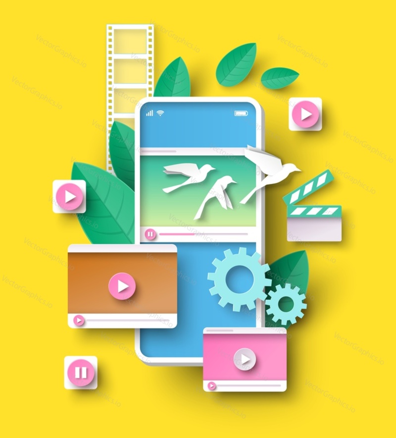 Phone video application vector. Mobile movie watching online with smartphone illustration. Media player for live streaming content, record film and playback multimedia file