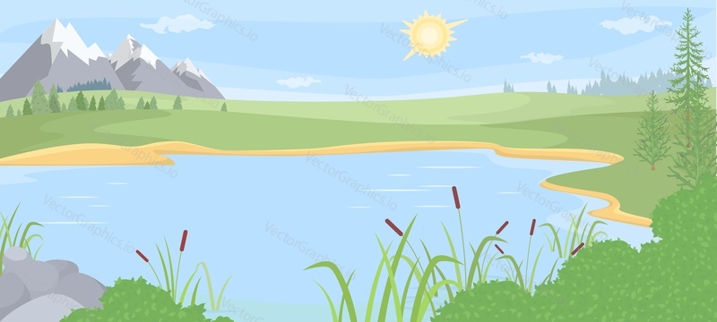 Векторная иллюстрация с видом на горное озеро. Красивый фон природы. Летний пейзаж. Живописная панорама долины с рекой на лугу