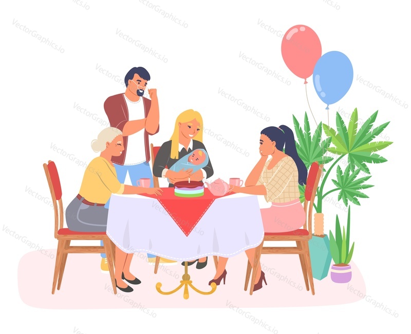 Newborn baby vector. Family holiday illustration. Young mother and father celebrating childbirth with friends scene. Happy parent care of infant kid. Parenthood, maternity and relationship