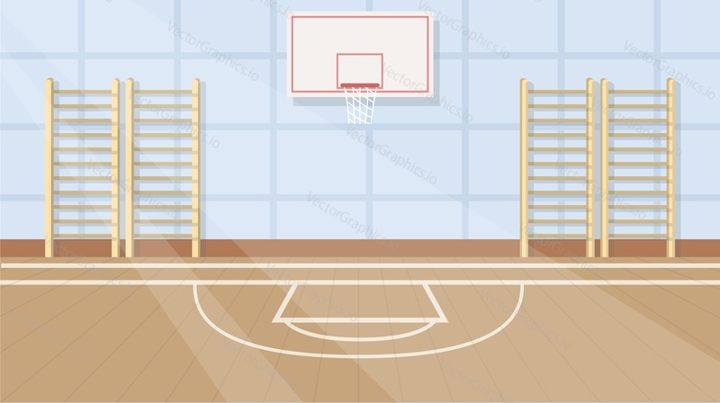 School gym vector interior. Basketball net basket, swedish wall and sport court for playing game at lesson. Workout area for schoolchildren illustration