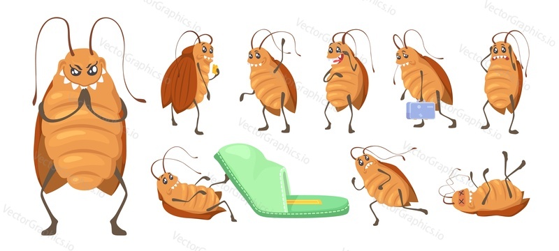 Cute cockroach vector cartoon character set. Funny pest with different emotion and expression illustration. Kawaii insect animal isolated on white background. Comic beetle creature