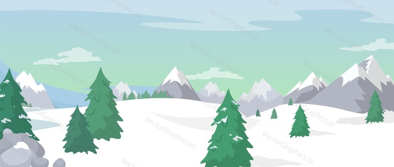 Vector winter seamless mountain with woodland background. Snowy landscape with hills and forest. Christmas poster. Touristic scenery illustration