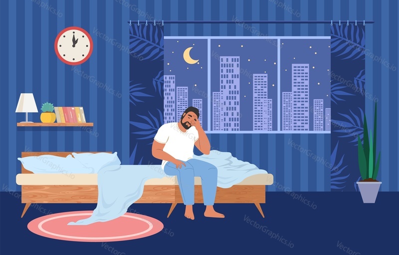 Sleeplessness vector illustration. Insomnia disorder. Man sitting on bed suffering from nightmare or depression
