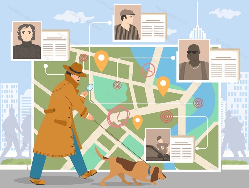Детектив с увеличительным стеклом и собакой-ищейкой охотится за преступниками, расследующими различные места преступлений на фоне карты и городского пейзажа векторная иллюстрация