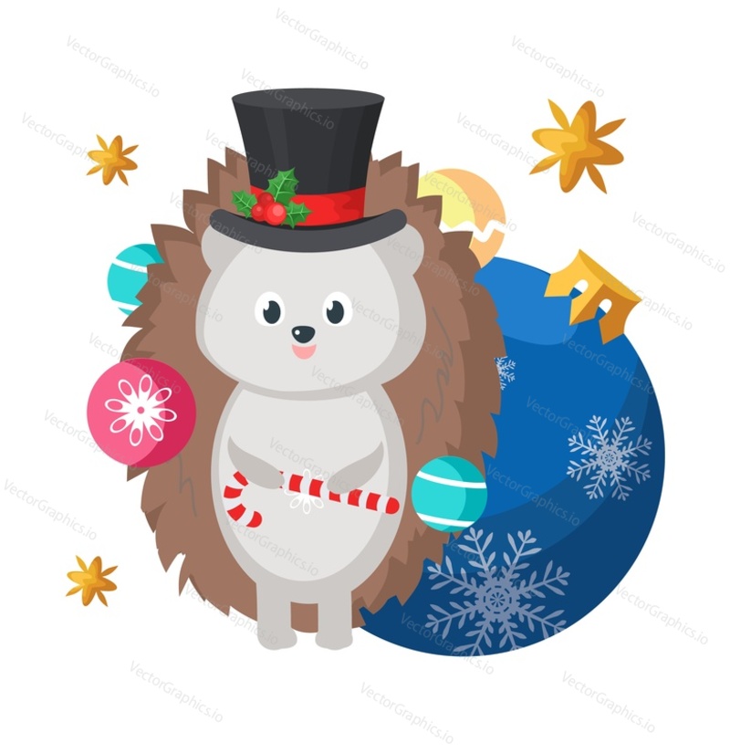 Vector cute Christmas hedgehog. Happy winter animal illustration. Greeting card design. Xmas and new year character. Holiday postcard. Happy forest creature in hat holding candy cane