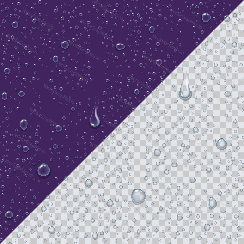 Капля воды, капля дождя, вектор пузырьков жидкости. Мокрая поверхность и капля дождя на прозрачном фоне. Реалистичная свежая и прозрачная макро-форма капель воды бесшовный дизайн