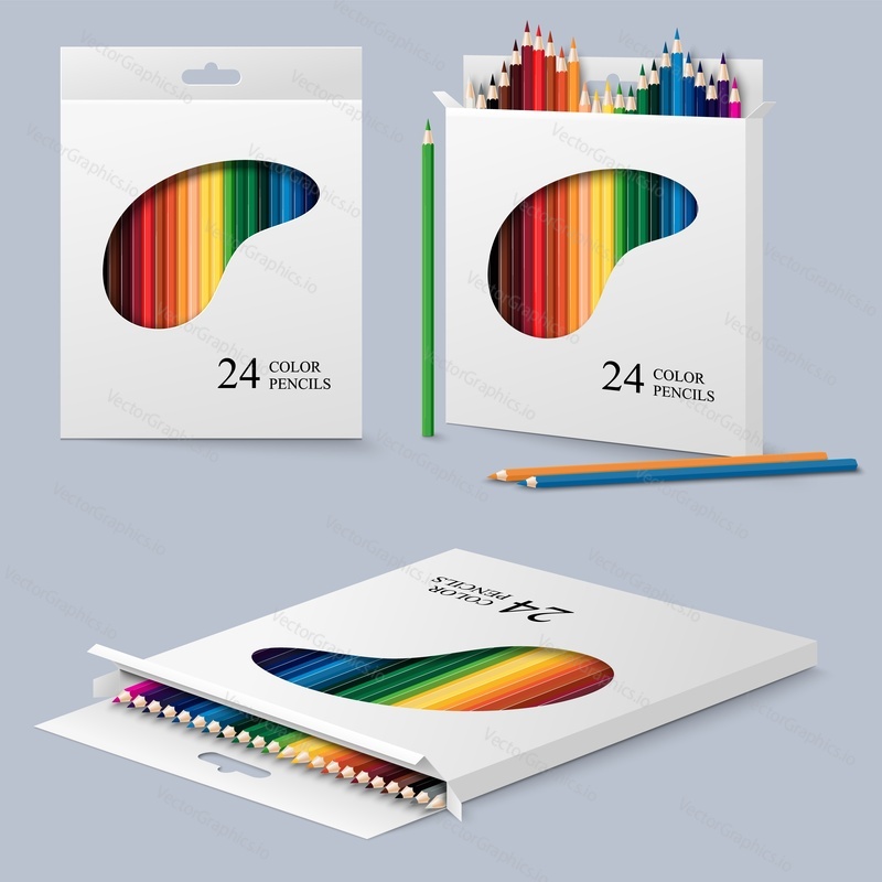 Color pencils in box vector isolated set. School stationery pack case for drawing. Art supplies in closed and opened carton packaging