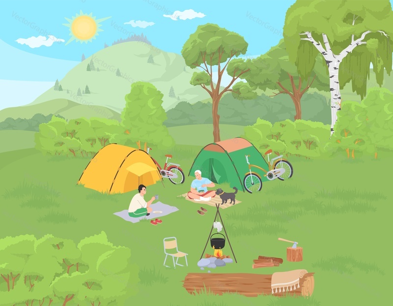 Camping vector illustration. Happy old father and young son rest outdoors in forest illustration. Mature man with senior dad talking during breakfast at tent campsite. Holiday trip in forest