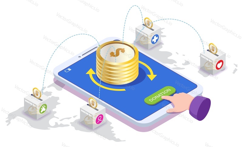 Online charity and money donation vector illustration. Mobile phone app for financial investment in health and medicine, cancer treatment, help animal. Smartphone with donating hand design