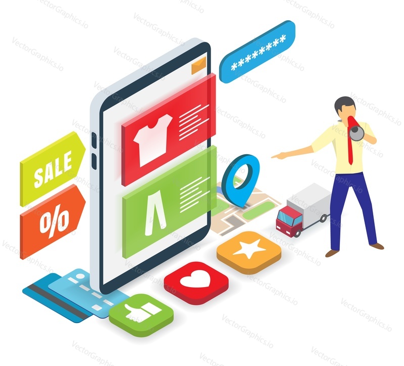 Shop store online sale promotion vector. Mobile phone market offering discount. influencer advertising clearance. Internet marketing campaign illustration
