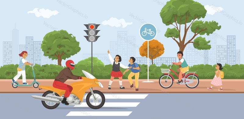 Children at pedestrian crosswalk vector illustration. Kid safety and street traffic rules. Schoolgirl and schoolboy on sidewalk, looking at red traffic light before crossing highway