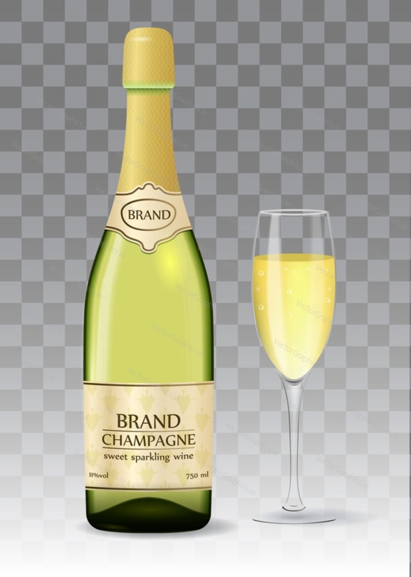 Champagne brand 3d vector mockup isolated. Bottle with label and glass filled alcohol liquor design on transparent background. Luxury drink, alcoholic beverage with logotype badge