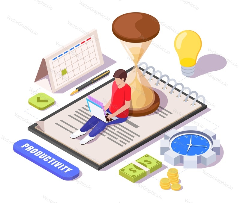 Save time vector. Productivity concept. Man freelancer working laptop sitting on business document near hourglass isometric 3d design