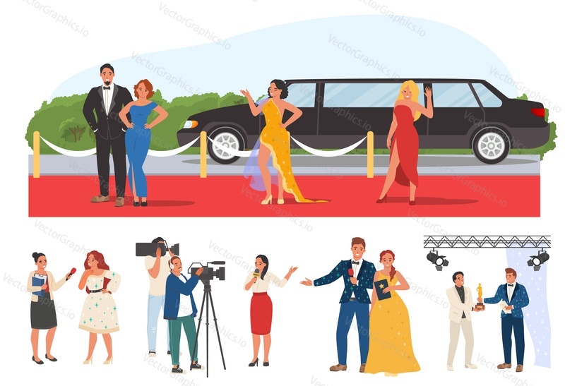Film awards ceremony vector set. Celebrities and famous actor walking on red carpet. TV show hosts and paparazzi. Interviewing and broadcasting process